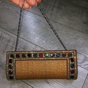 Rattan Straw Jeweled Clutch Vintage Western Boho